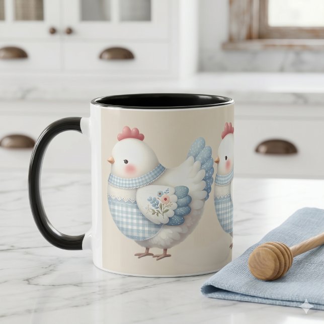 Taza Gallo de Casa de Campo de Cuadros Azules (Blue Gingham Cottage Hen Mug)