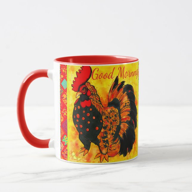 Taza  Gallo de Texto de Buenos Días Dibujo Naranja Rojo (Izquierda)