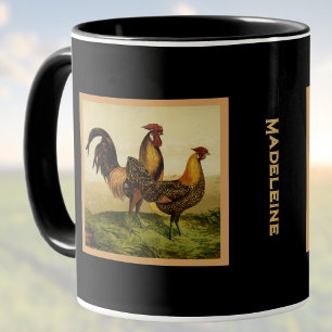 Taza Gallos Hamburg de Lápiz Dorado Monograma Negro