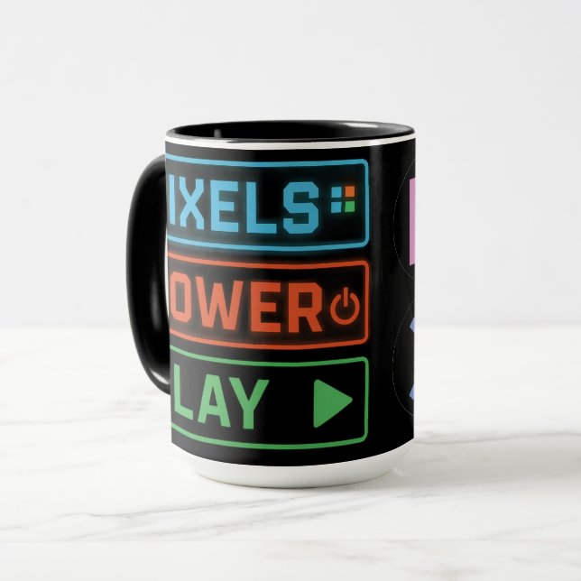 Taza Gaming Mug – Pixels Power Play Neon Coffee Cup (Anverso izquierdo)