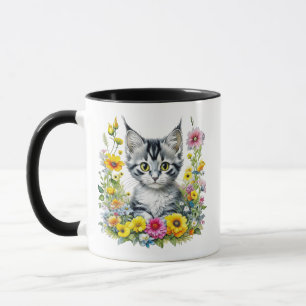Taza Gatito acuarela en flores amarillas personalizadas