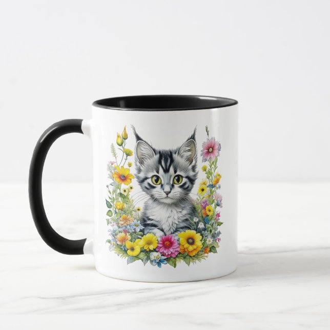 Taza Gatito acuarela en flores amarillas personalizadas (Izquierda)