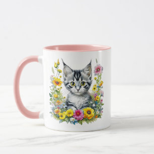 Taza Gatito acuarela en flores amarillas personalizadas