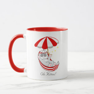 Taza Gatito adorable en hamaca roja y blanca