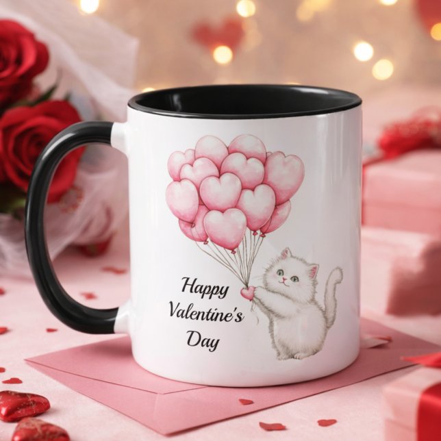 Taza Gatito Adorable Globos de Corazón Rosa Día de San  (Subido por el creador)