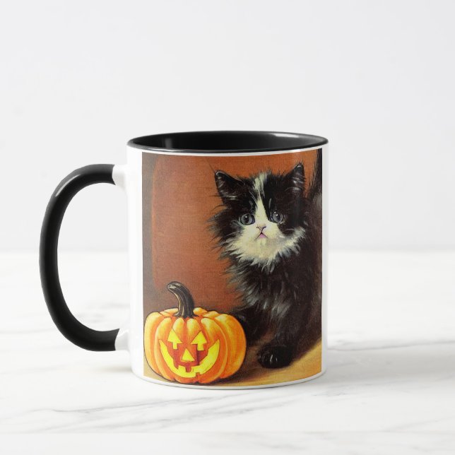 Taza Gatito de Halloween blanco y negro vintage (Izquierda)