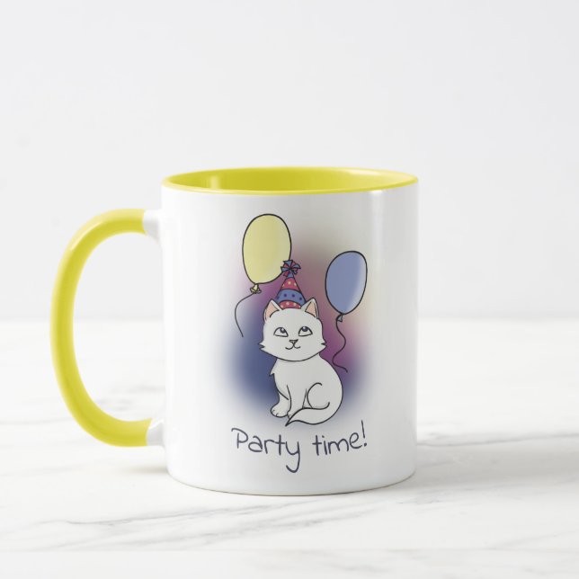 Taza Gatito Fiesta blanco con Ilustracion de globos (Izquierda)