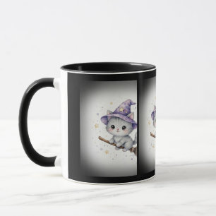 Taza Gatito gris bruja en escoba Halloween