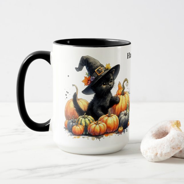 Taza Gatito negro de Halloween con calabazas y Gorra de (Con donut)