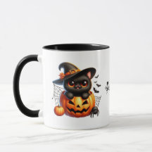 Gatito negro en una calabaza de Halloween
