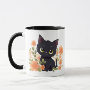 Taza Gatito negro lindo con flores