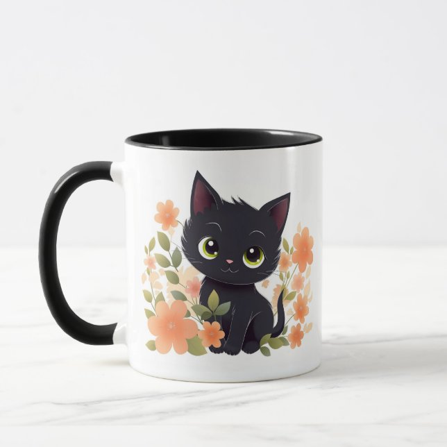Taza Gatito negro lindo con flores (Izquierda)
