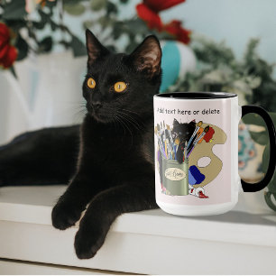 Taza Gatito Negro Tarro de Pinceles Artista Gato Rosa