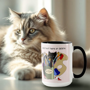 Taza Gatito Negro Tarro de Pinceles Artista Gato Rosa
