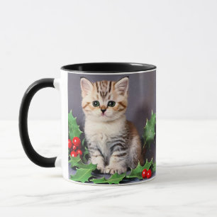 Taza Gatito vintage de Navidad y acebo