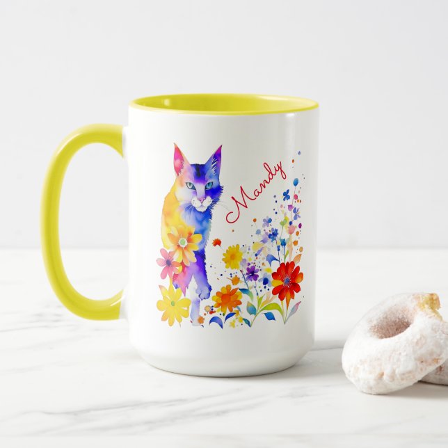 Taza Gato acuarela y flores personalizadas (Con donut)