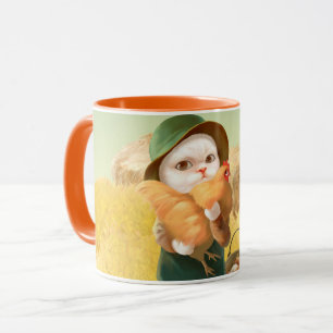 Taza Gato Adorable con Hen en la Granja