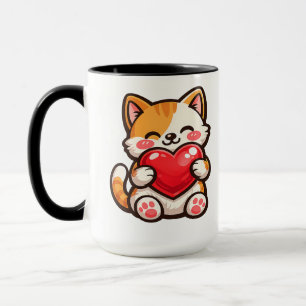 Taza Gato Adorable Corazón – Gato Kawaii Abrazando Cora