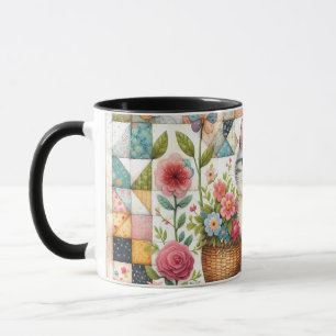 Taza Gato Adorable en Arte de Colcha Floral Cottagecore