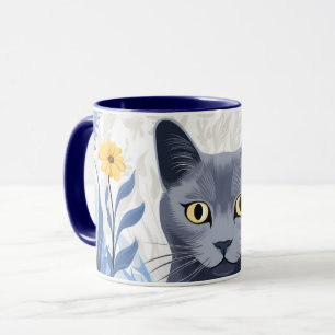 Taza Gato Azul Ruso Flores Amarillas