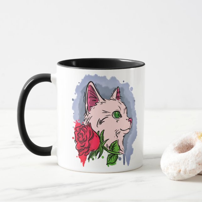 Taza Gato blanco con flor (Con donut)