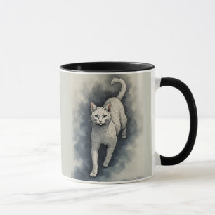 Taza Gato blanco en estilo de dibujo con tinta china