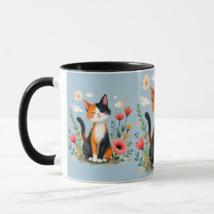 Taza Gato Calico Sonriente en Jardín Florido Azul
