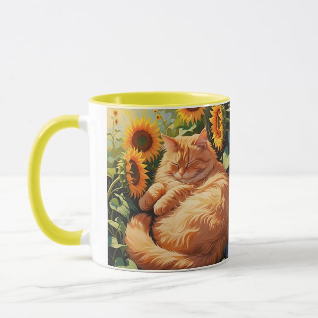 Taza Gato con Naranja de grasa dormido con girasoles (Izquierda)