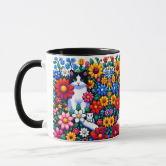 Taza Gato de arte de píxeles, gatitos y flores