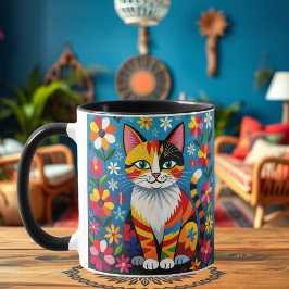 Taza Gato de Arte Popular Personalizado, Flores y Marip
