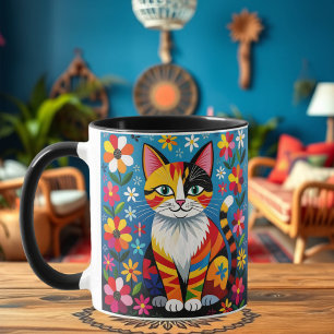 Taza Gato de Arte Popular Personalizado, Flores y Marip