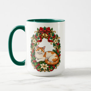 Taza Gato de Navidad Art Nouveau con Corona de Acebo