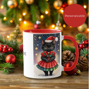 Taza Gato de Navidades negros en falda roja y verde