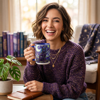 Taza Gato de noche estrellada de estilo vitral café