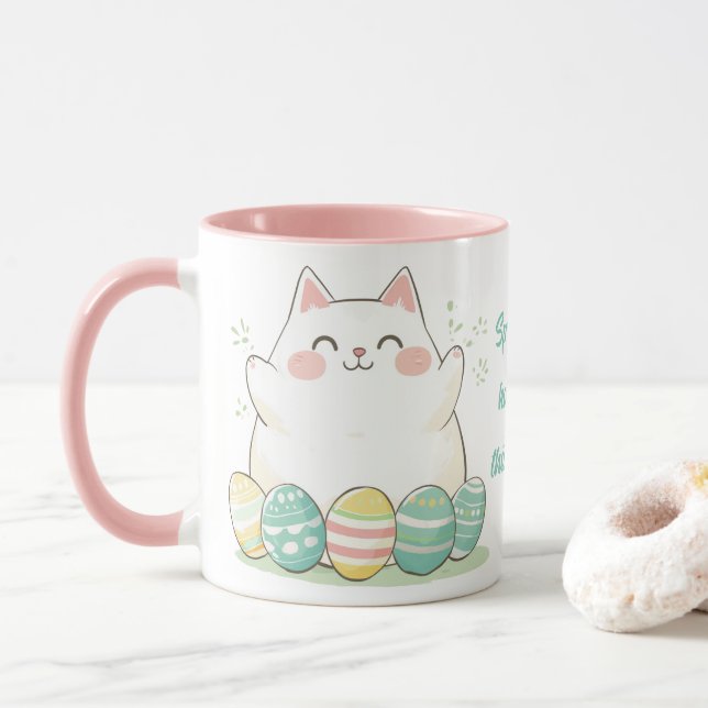 Taza Gato de Pascua Kawaii Mug Cute Kitty Y Huevos Colo (Con donut)