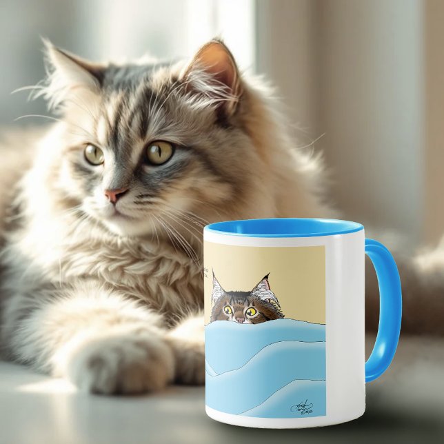 Taza Gato de Tabby Peeking Blue Funny (Subido por el creador)