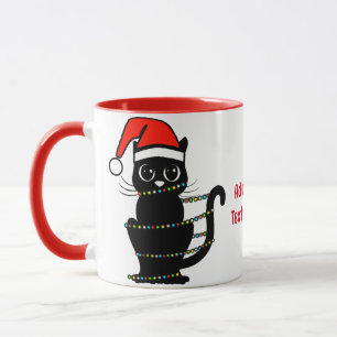 Taza Gato Divertido Negro Luz de Navidad Sombrero de Sa