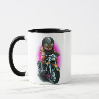 Taza gato en motocicleta