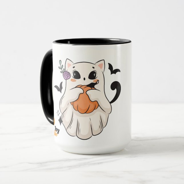 Taza Gato fantasma lindo con calabaza | Mug de Hallowee (Anverso izquierdo)