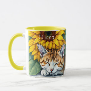 Taza Gato Gatito Dulce Dormilón y Girasoles Personaliza
