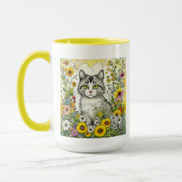 Taza Gato gris y blanco gitano sentado en flores