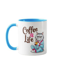 Gato gruñón con-"El café es vida" Nombre editable