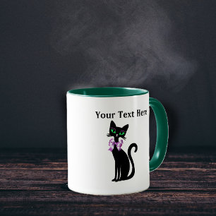 Taza Gato negro bonito elegante lazo rosa ojos verdes