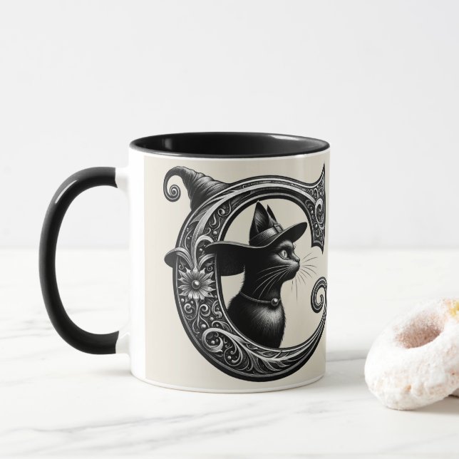 Taza Gato Negro Bruja Brujería Letra C Inicial Personal (Con donut)