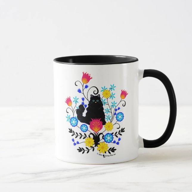 Taza Gato negro con flores (Derecha)