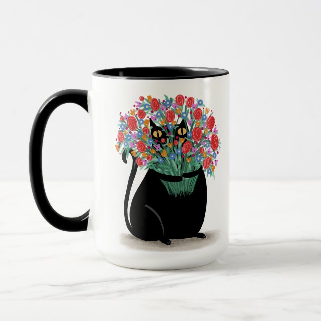 Taza Gato negro con flores (Izquierda)