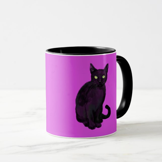 Taza Gato negro con mugre de fondo de fucsia (Anverso derecho)