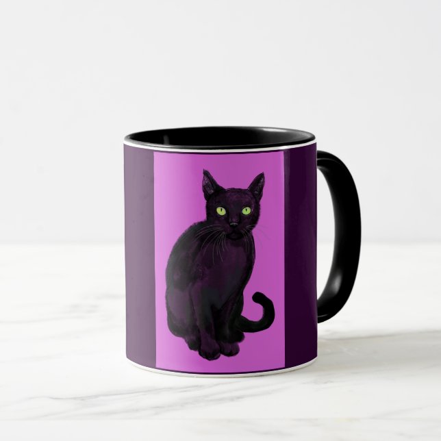 Taza Gato negro con mugre de fondo de fucsia (Anverso derecho)