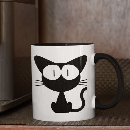 Taza Gato negro con ojos grandes, cola en el aire
