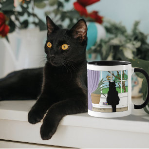Taza Gato negro curioso verde humorístico Ventana